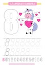 Funny children flashcard number eight. Unicorn with hearts learning to count and to write. Coloring printable worksheet for kinder Royalty Free Stock Photo